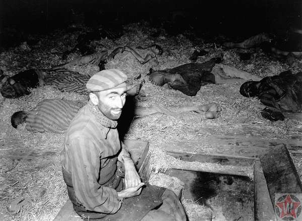 Француз сидит среди погибших в Миттельбау-Дора трудовом лагере 1945 год