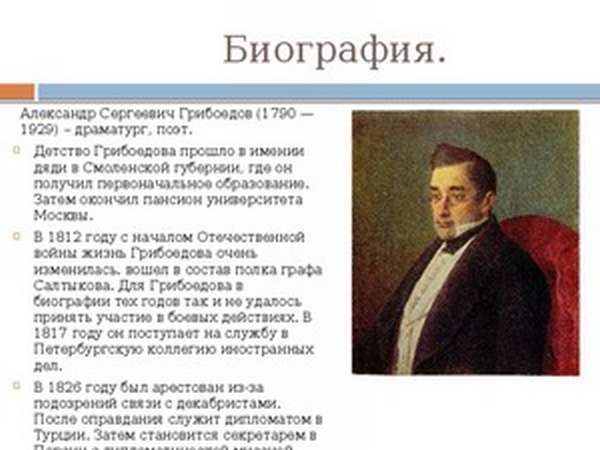 Биография Грибоедов в кратком изложении: основные события жизни