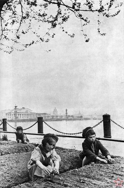 Дети блокадного Ленинграда у грядок на Мытнинской набережной