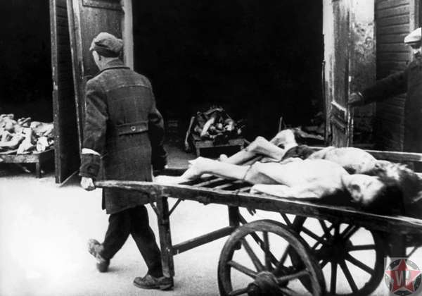 Погибшие тела евреев на похоронной телеге в гетто в Варшаве в 1943 году